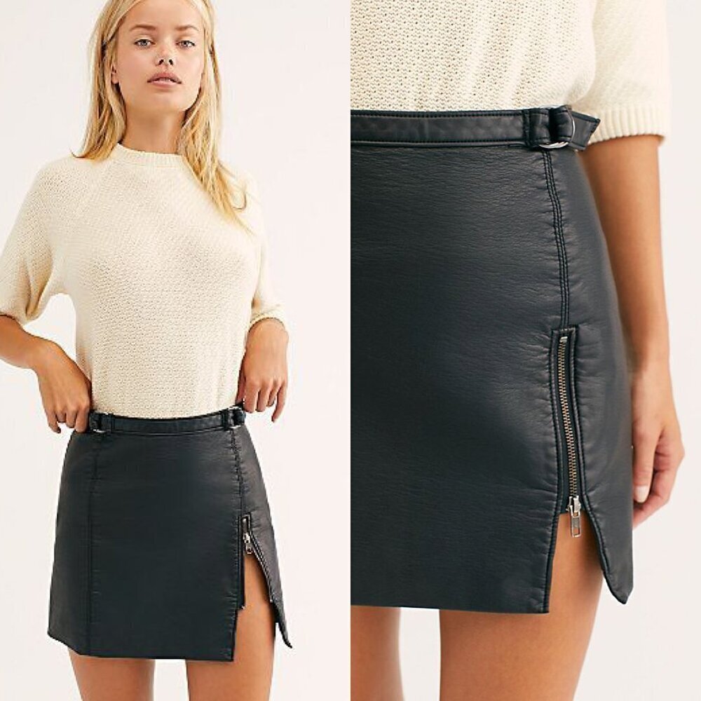 Free People Black Vegan Leather Moto Midnight Magic Mini Skirt